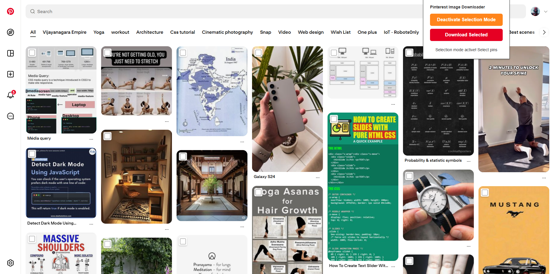 Pinterest board with selection checkboxes on multiple pins